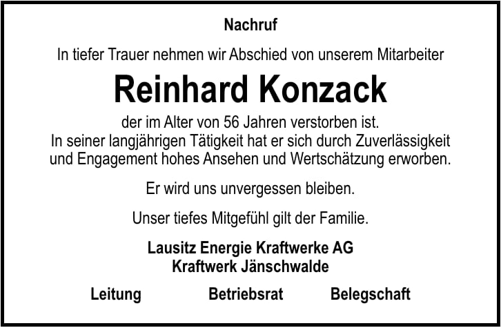 Traueranzeige Reinhard Konzack