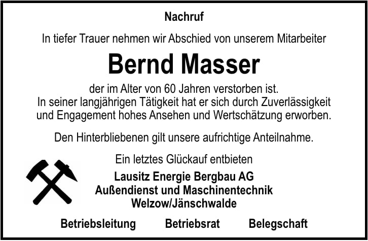 Traueranzeige Bernd Masser