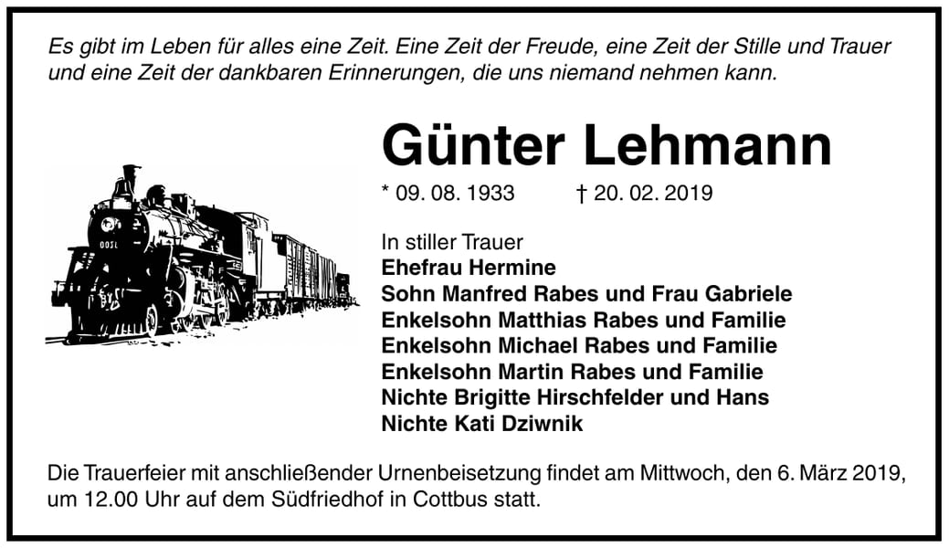 Traueranzeige Günter Lehmann