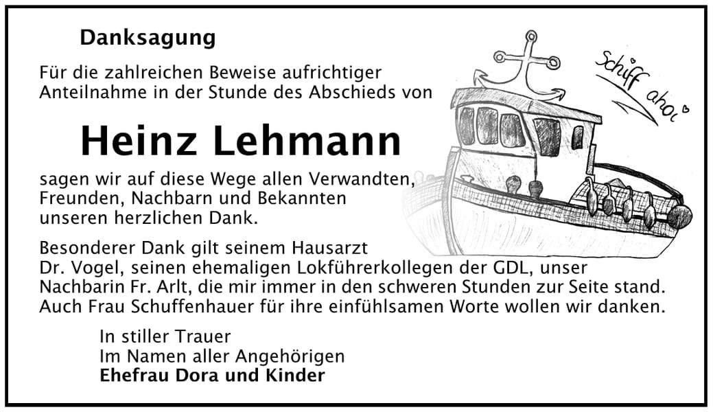 Danksagung Heinz Lehmann