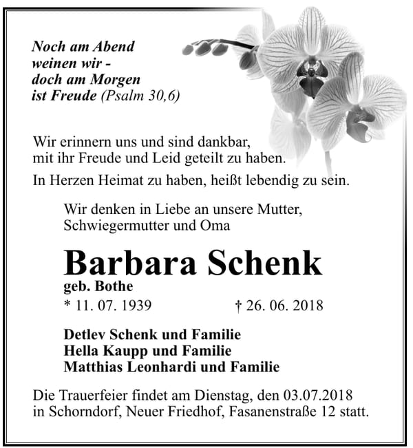 Traueranzeige Barbara Schenk geb. Bothe