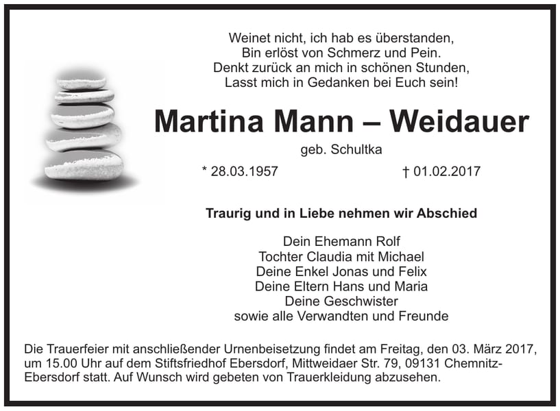 Traueranzeige Martina Mann-Weidauer, geb. Schultka