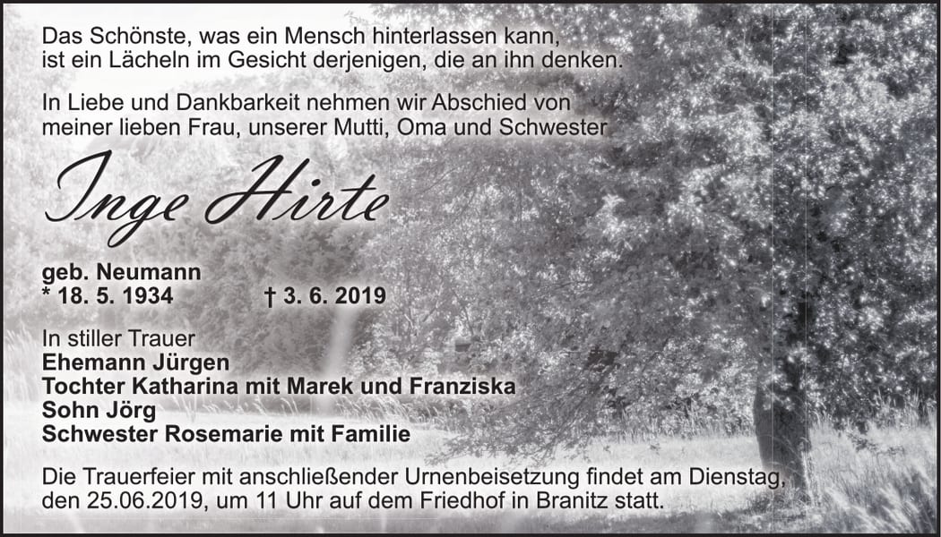 Traueranzeige Inge Hirte, geb. Neumann