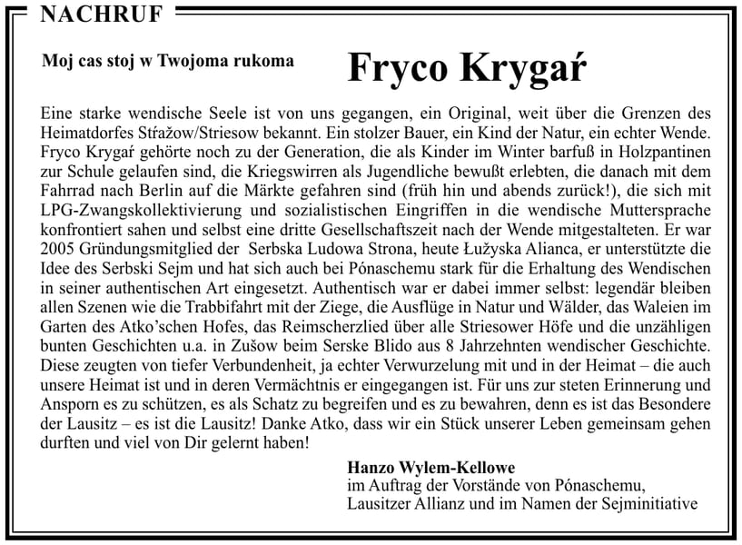 Nachruf Fryco Krygař