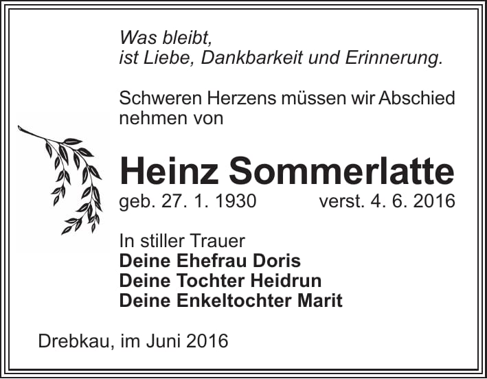 Traueranzeige Heinz Sommerlatte