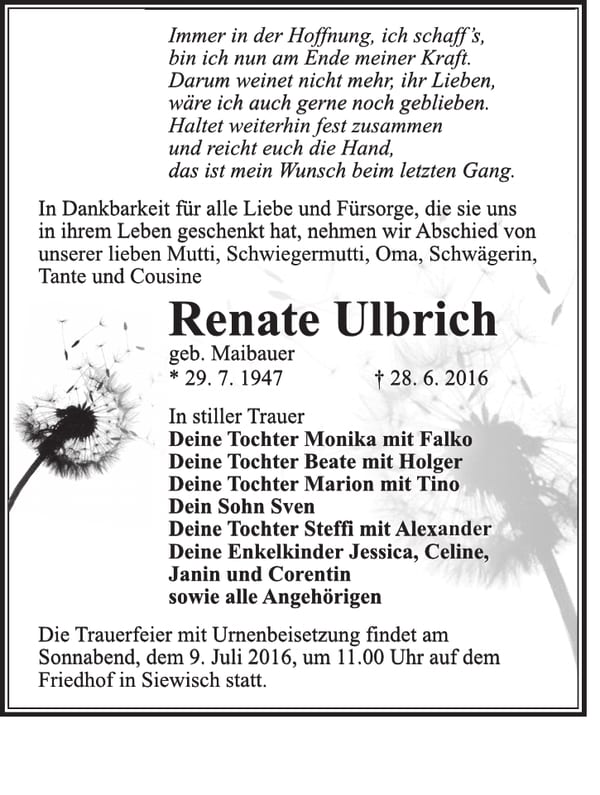 Traueranzeige Renate Ulbrich, geb. Maibauer