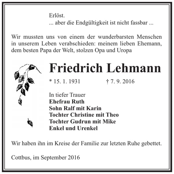Traueranzeige Friedrich Lehmann