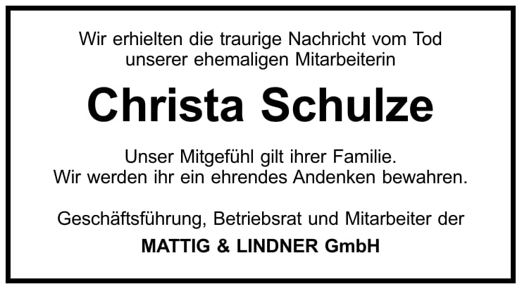 Traueranzeige Christa Schulze