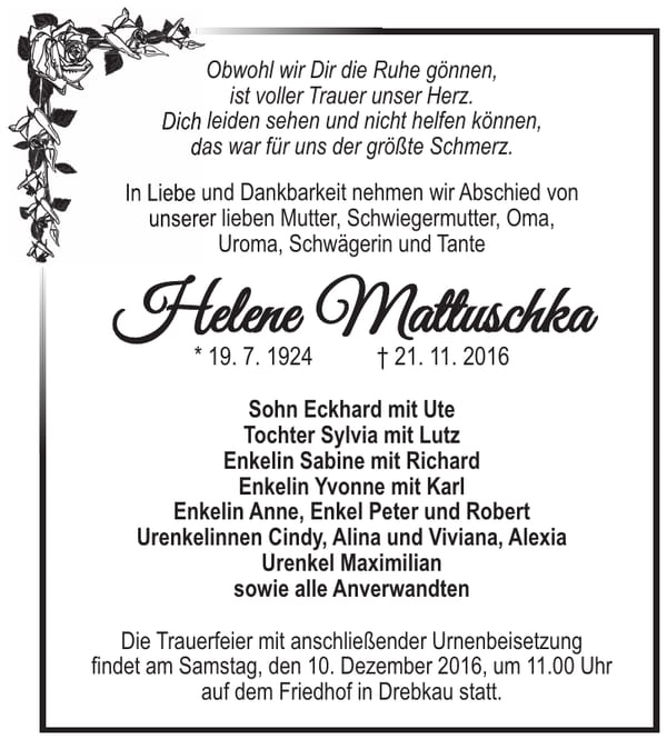 Traueranzeige Helene Mattuschka