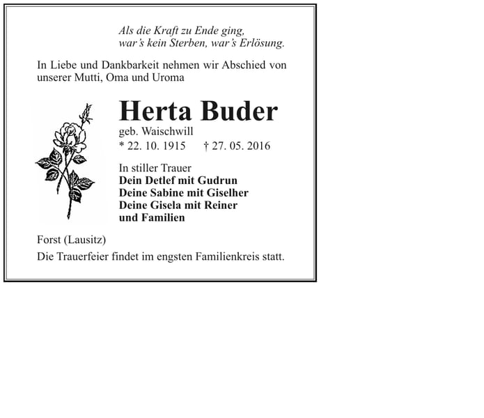 Traueranzeige Herta Buder, geb. Waischwill