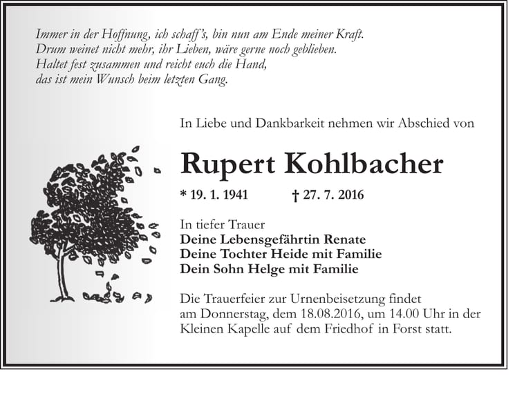 Traueranzeige Rupert Kohlbacher