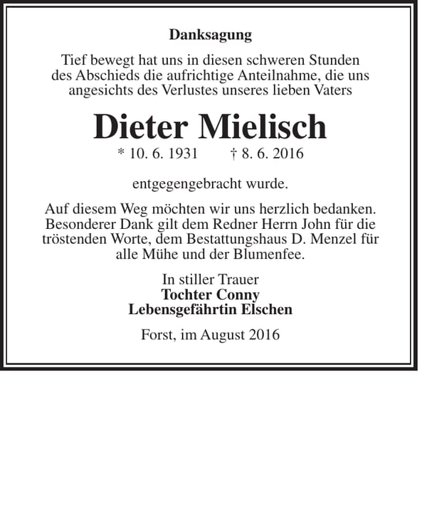 Danksagung Dieter Mielisch