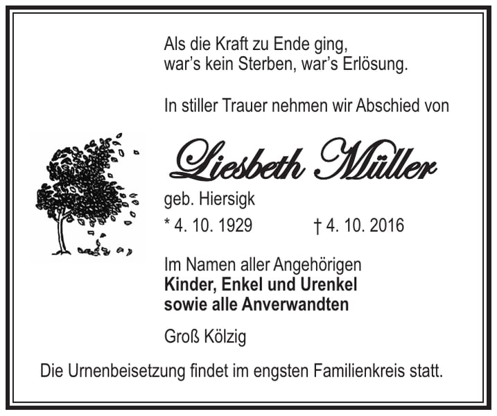 Traueranzeige Liesbeth Müller, geb. Hiersigk