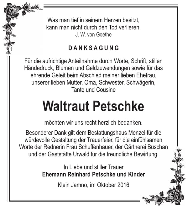 Danksagung Waltraut Petschke