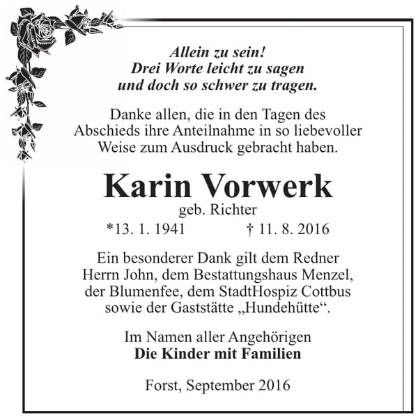Danksagung Karin Vorwerk, geb. Richter