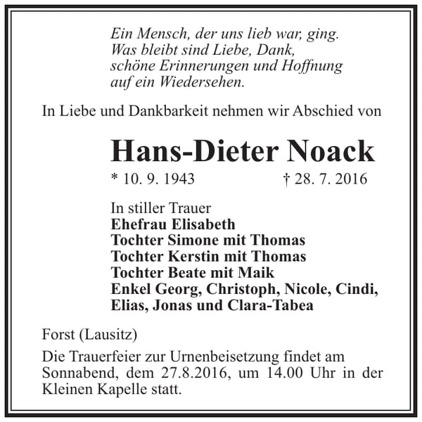 Traueranzeige Hans-Dieter Noack
