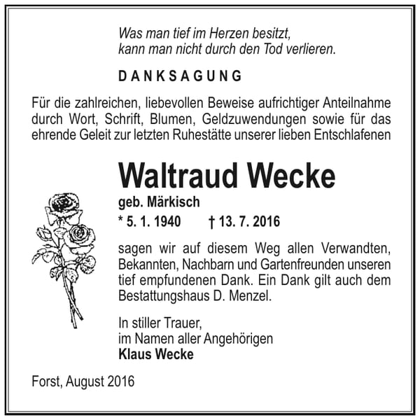Danksagung Waltraud Wecke, geb. Märkisch