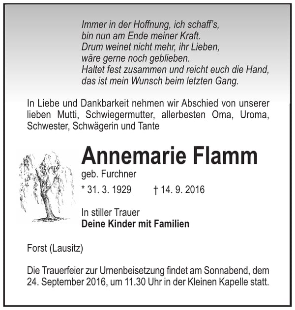 Traueranzeige Annemarie Flamm, geb. Furchner