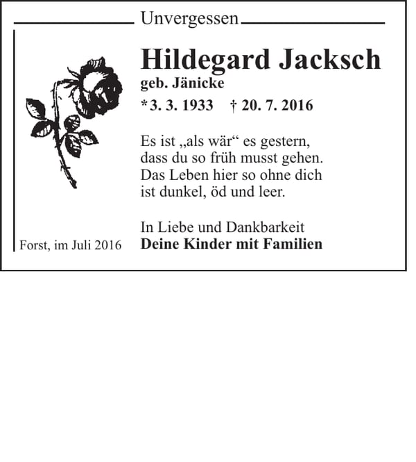 Traueranzeige Hildegard Jacksch, geb. Jänicke