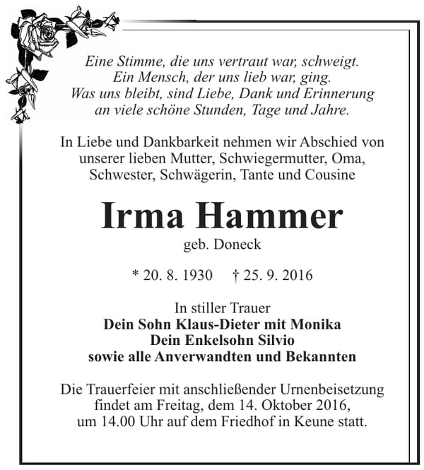 Traueranzeige Irma Hammer, geb. Doneck