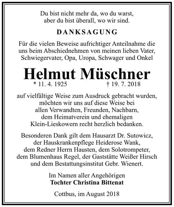 Danksagung Helmut Müschner