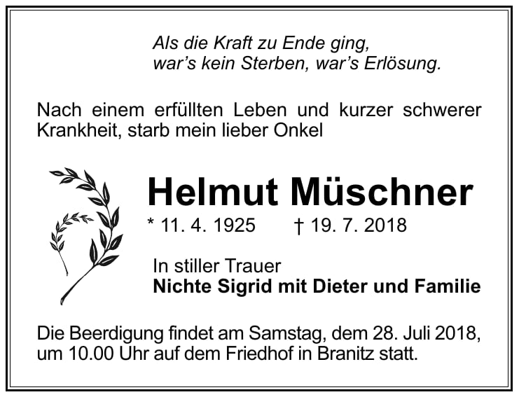 Traueranzeige Helmut Müschner