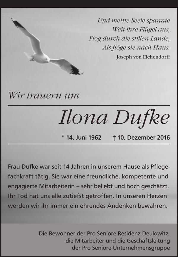 Nachruf Ilona Dufke