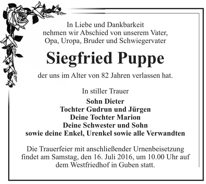 Traueranzeige Siegfried Puppe