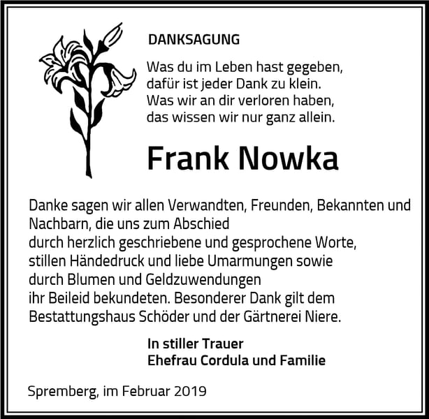 Traueranzeige Frank Nowka