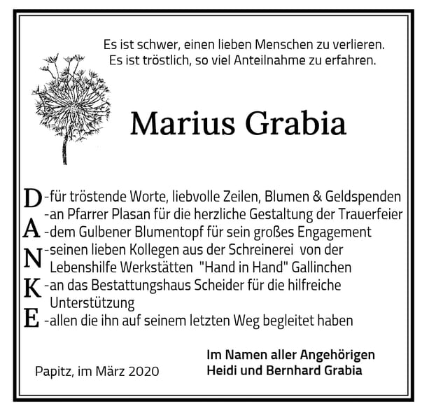 Traueranzeige Marius Grabia