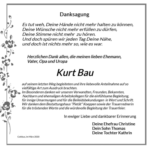 Traueranzeige Kurt Bau
