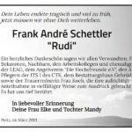 Traueranzeige Frank André „Rudi“ Schettler