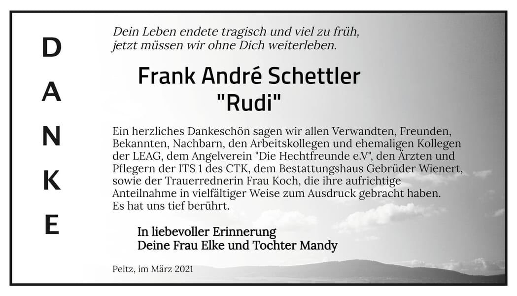 Traueranzeige Frank André „Rudi“ Schettler