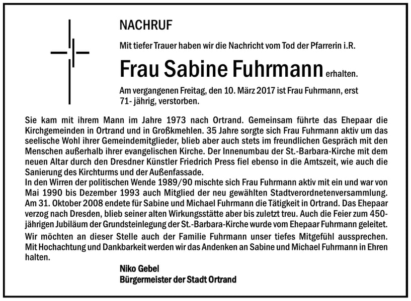 Nachruf Frau Sabine Fuhrmann