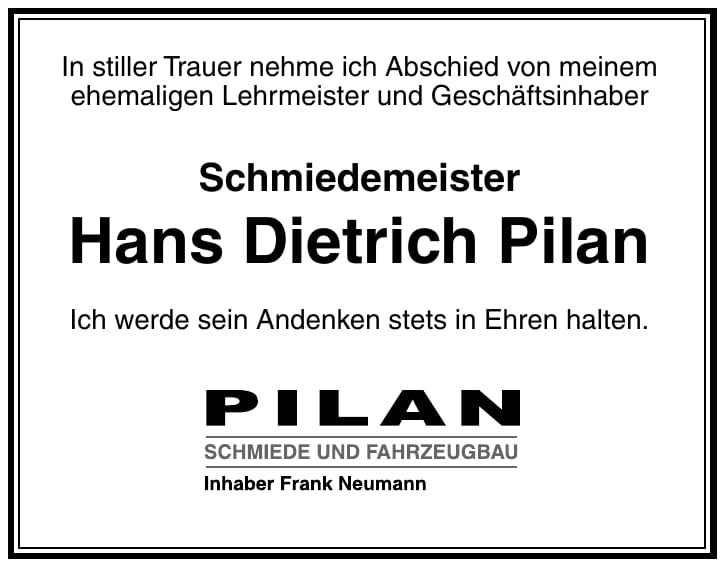Traueranzeige Hans Dietrich Pilan