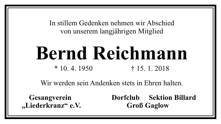 Traueranzeige Bernd Reichmann