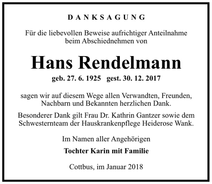 Danksagung Hans Rendelmann