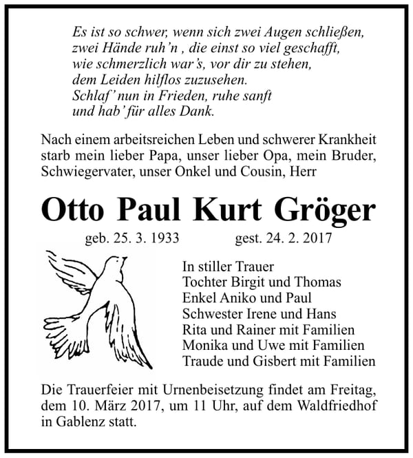 Traueranzeige Otto Paul Kurt Gröger