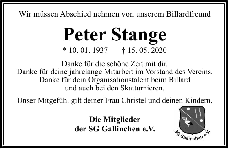 Traueranzeige Peter Stange