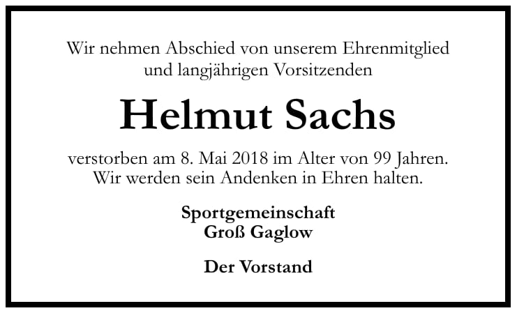 Traueranzeige Helmut Sachs