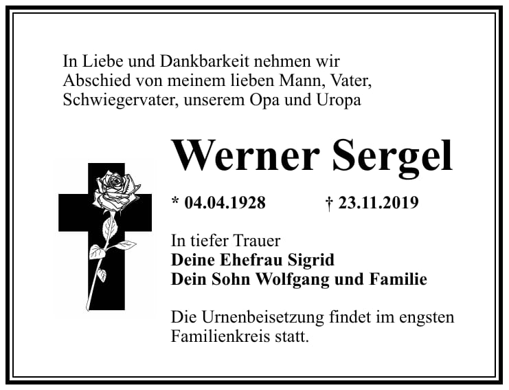 Danksagung Werner Sergel