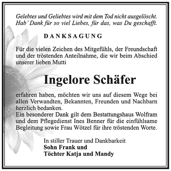 Danksagung Ingelore Schäfer