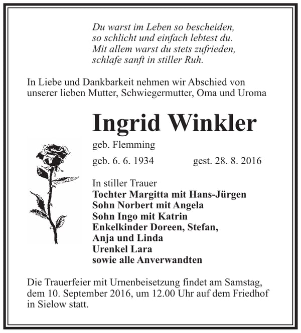 Traueranzeige Ingrid Winkler, geb. Flemming