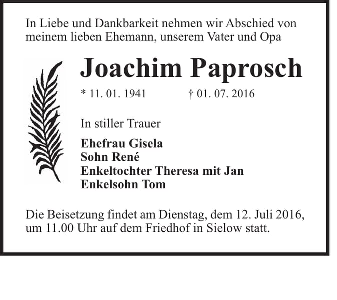 Traueranzeige Joachim Paprosch