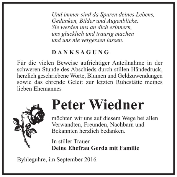 Danksagung Peter Wiedner