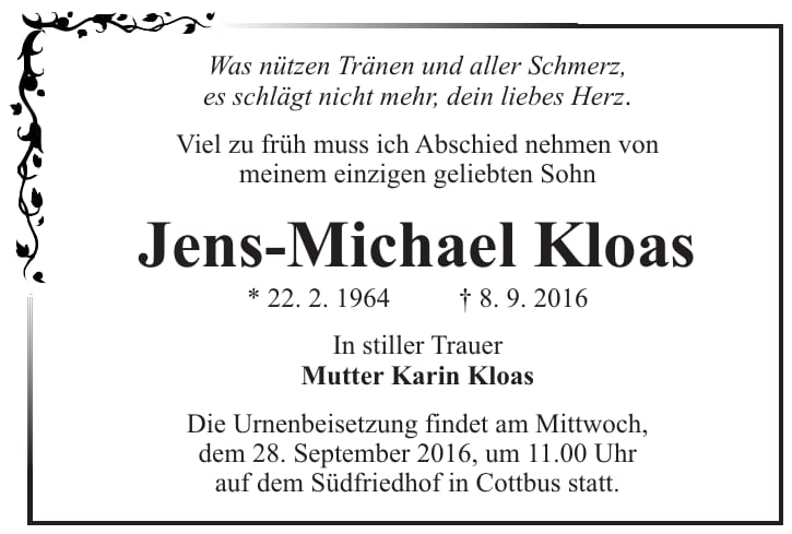 Traueranzeige Jens-Michael Kloas