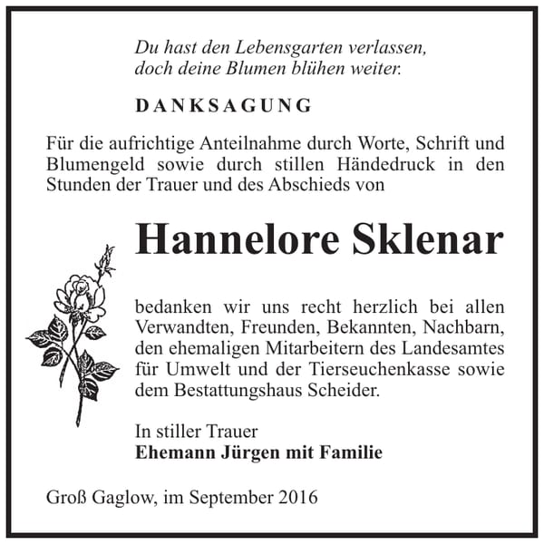 Danksagung Hannelore Sklenar