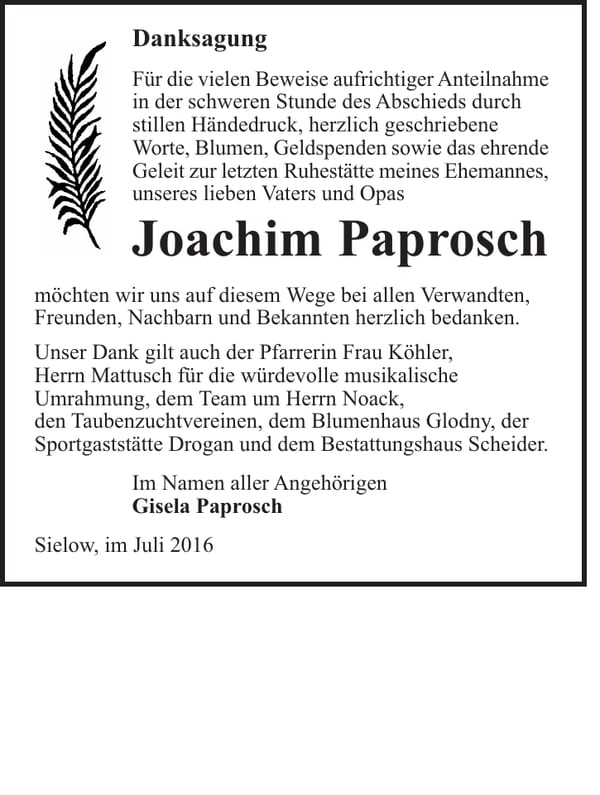 Danksagung Joachim Paprosch