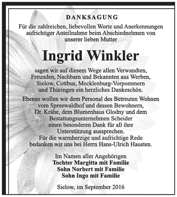 Danksagung Ingrid Winkler