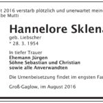 Traueranzeige Hannelore Sklenar, geb. Liebscher